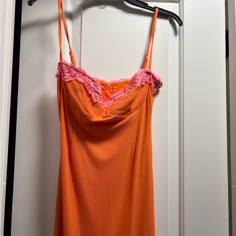 Fashion Nova Orange Maxi Dress with Pink Lace